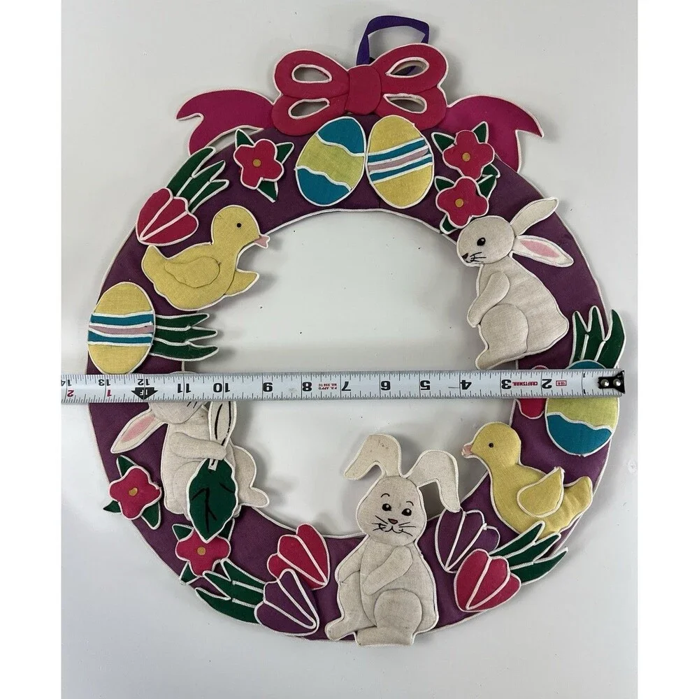 Vintage Fabric Easter Wreath Bunnies Eggs & Chicks Kitschy Holiday Decor 16''